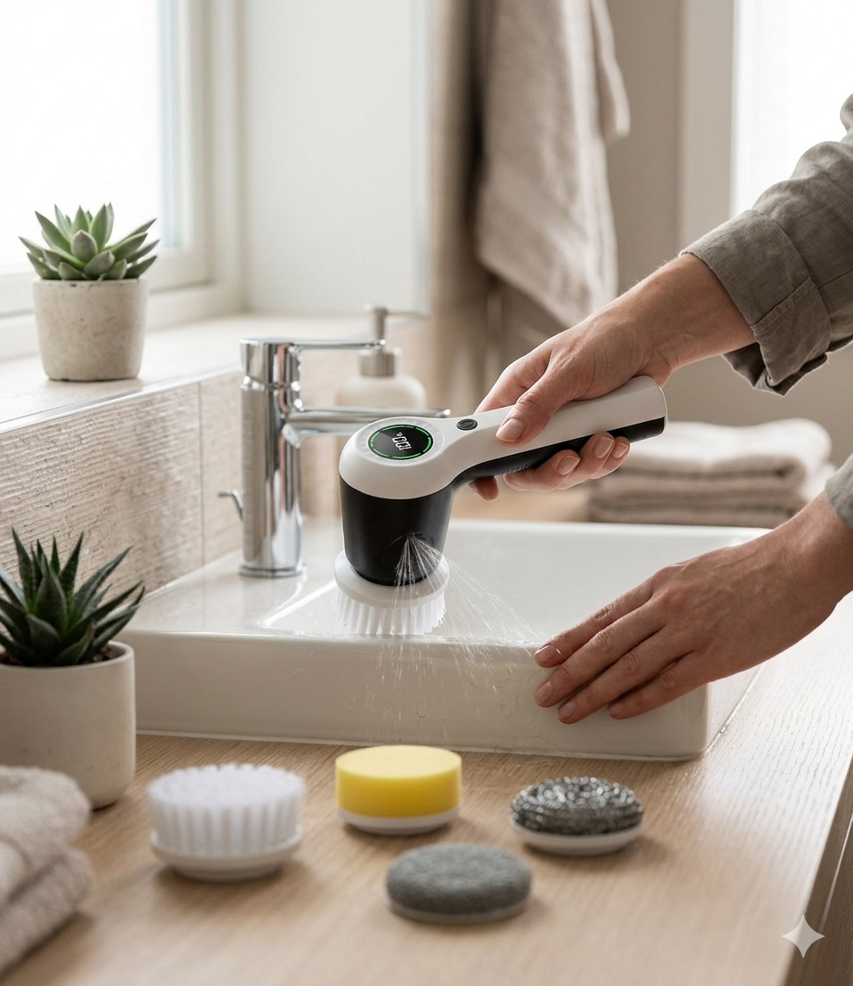 Powerful Cordless Electric Spin Scrubber with Battery Display, 2 Speed Settings & 6 Replaceable Heads for Effortless Bathroom, Sink & Window Cleaning