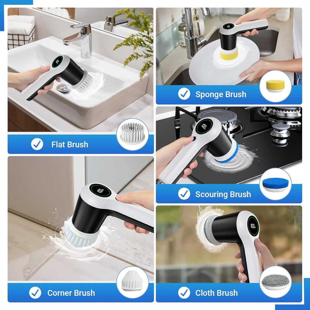 Powerful Cordless Electric Spin Scrubber with Battery Display, 2 Speed Settings & 6 Replaceable Heads for Effortless Bathroom, Sink & Window Cleaning