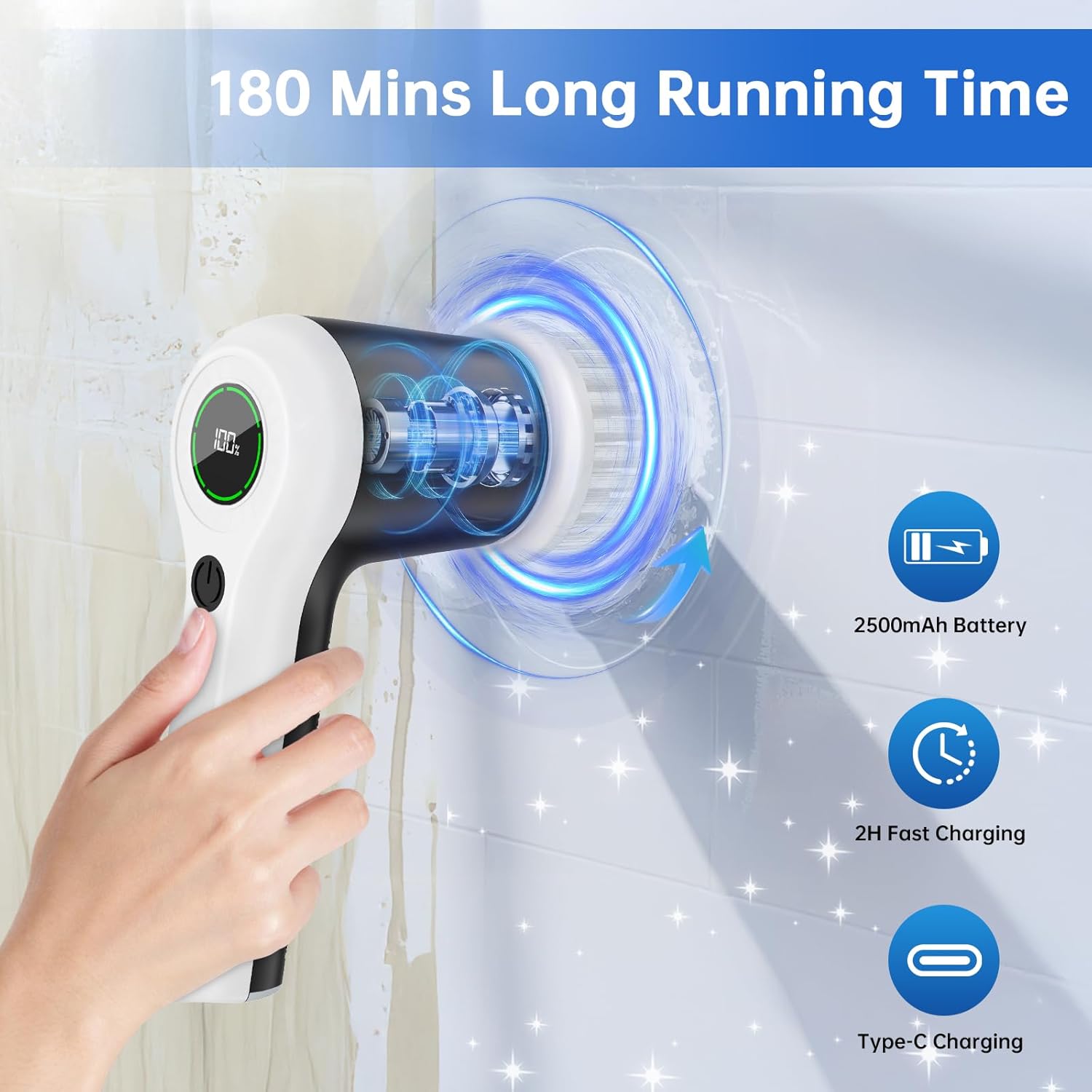 Powerful Cordless Electric Spin Scrubber with Battery Display, 2 Speed Settings & 6 Replaceable Heads for Effortless Bathroom, Sink & Window Cleaning