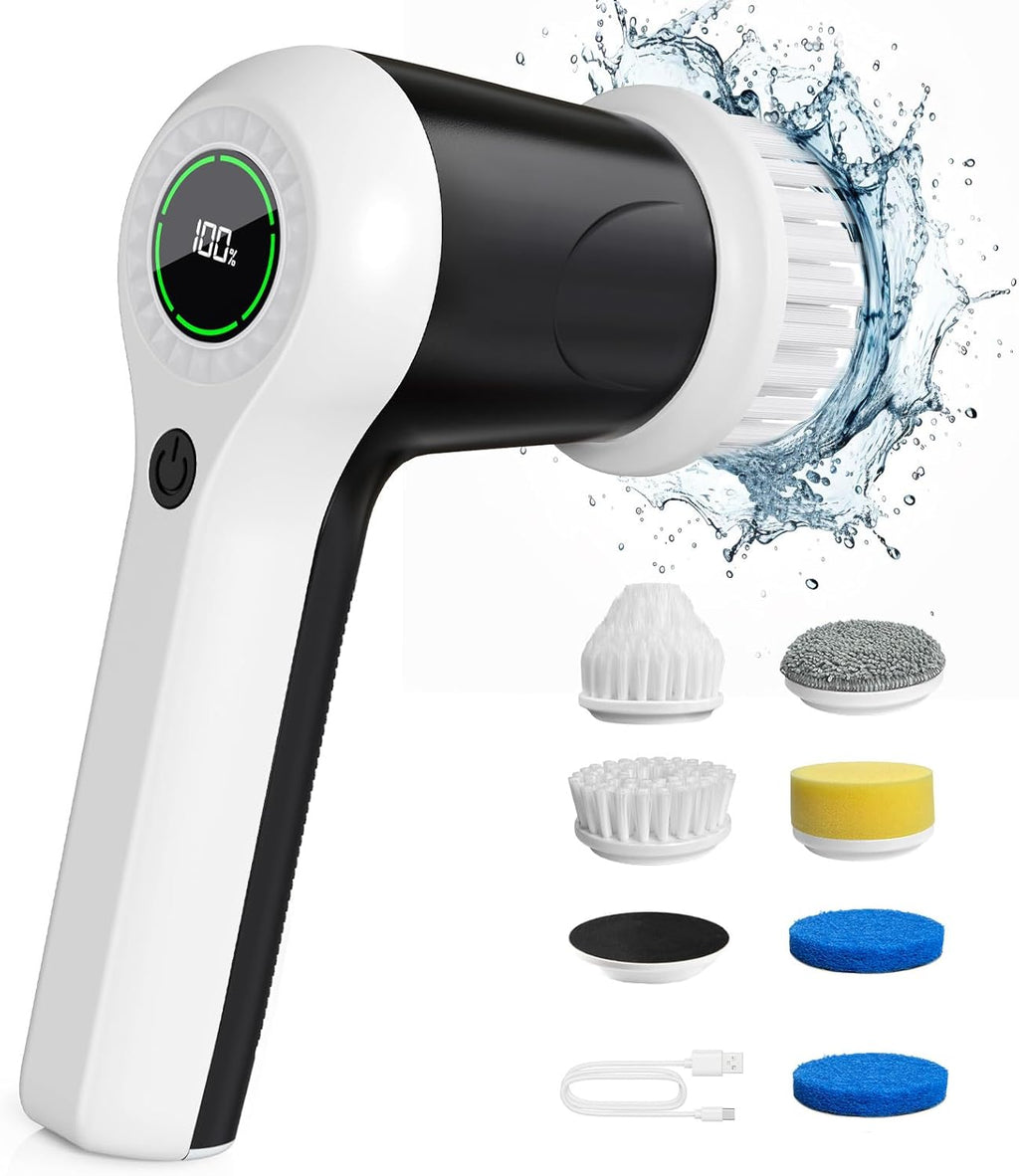 Powerful Cordless Electric Spin Scrubber with Battery Display, 2 Speed Settings & 6 Replaceable Heads for Effortless Bathroom, Sink & Window Cleaning